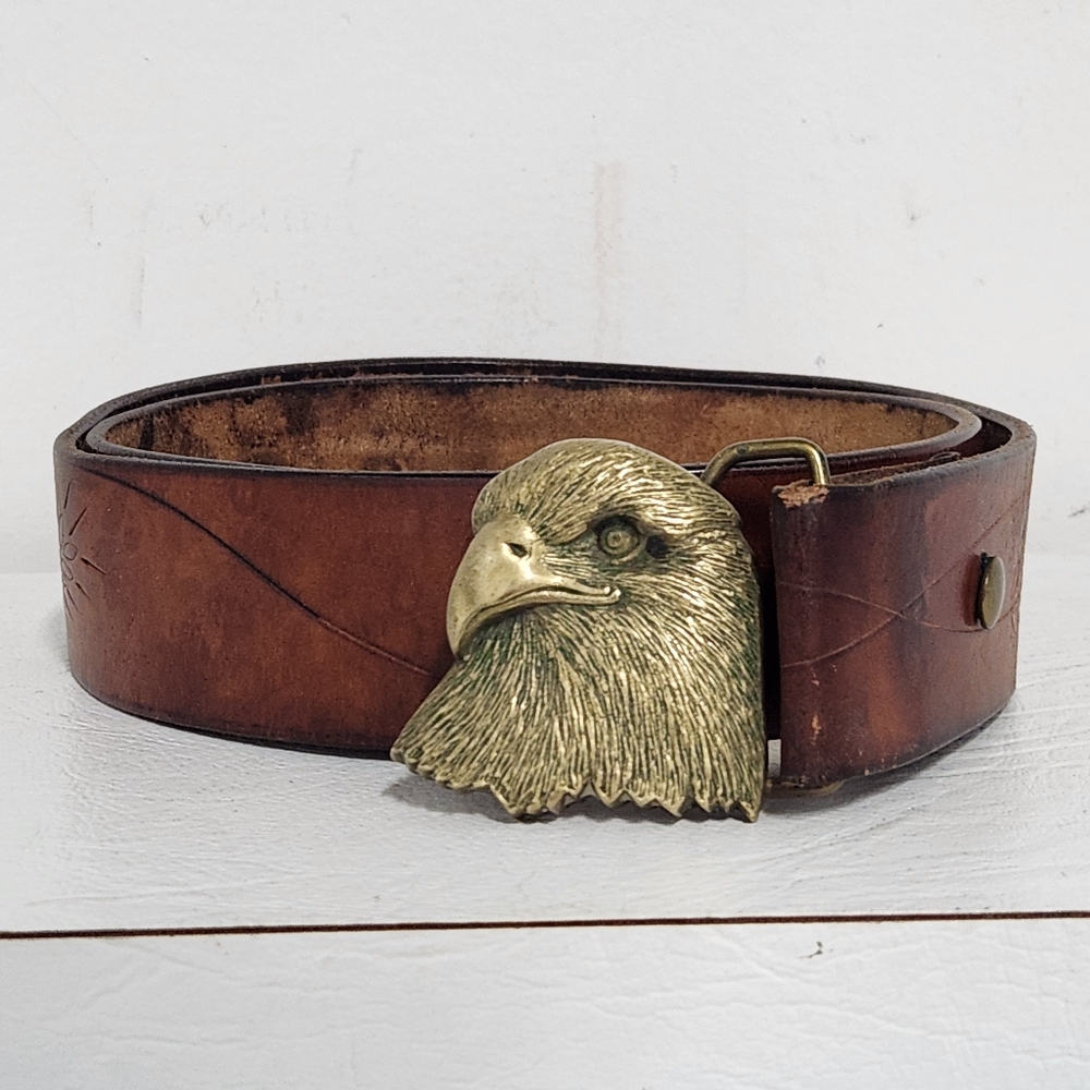 Vintage Western Brass Eagle Genuine Leather Tooled Belt Sz M/L